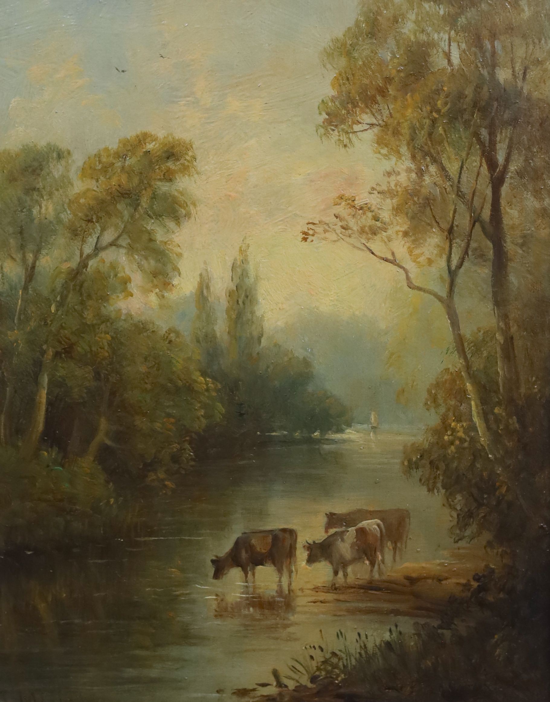 John Moore of Ipswich (1820-1902), Evening on the Broads and Cattle watering, near pair of oils of board, 20 x 16cm and 19 x 16cm